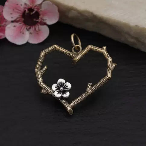 Bronze Branch Heart Charm with Silver Blossom 23x23mm - 1Pc