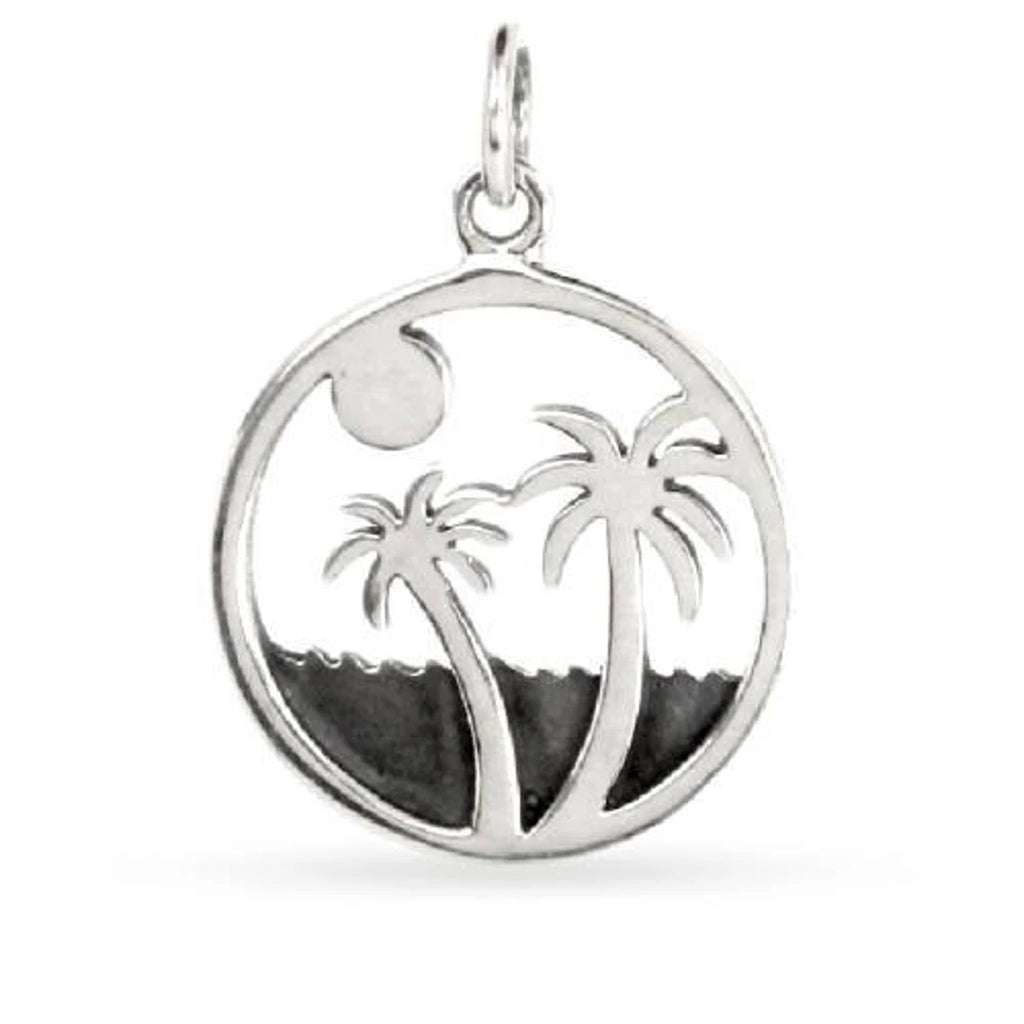 Sterling Silver Palm Tree On Beach Charm 21.4x15.3mm - 1pc