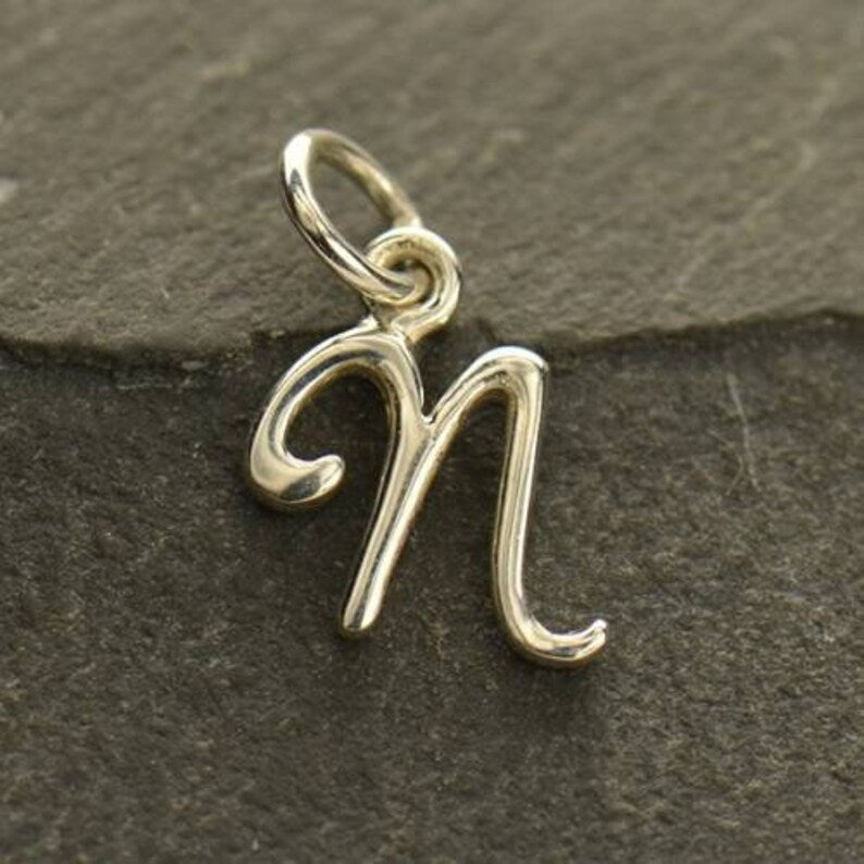 Sterling Silver Script Initial Letter N Charm 10x7mm - 1pc