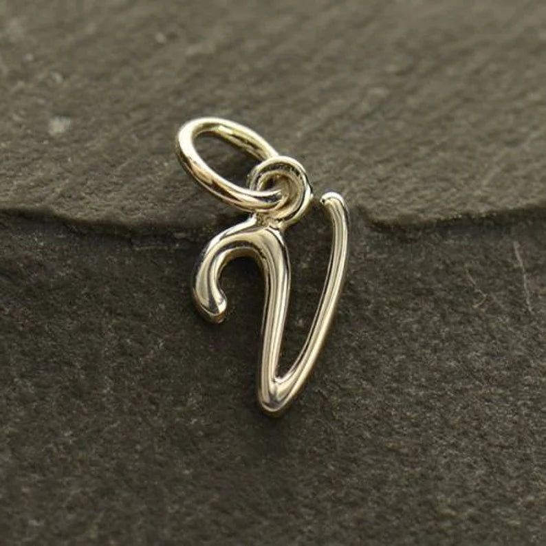 Sterling Silver Script Initial Letter V Charm 10x6mm - 1pc