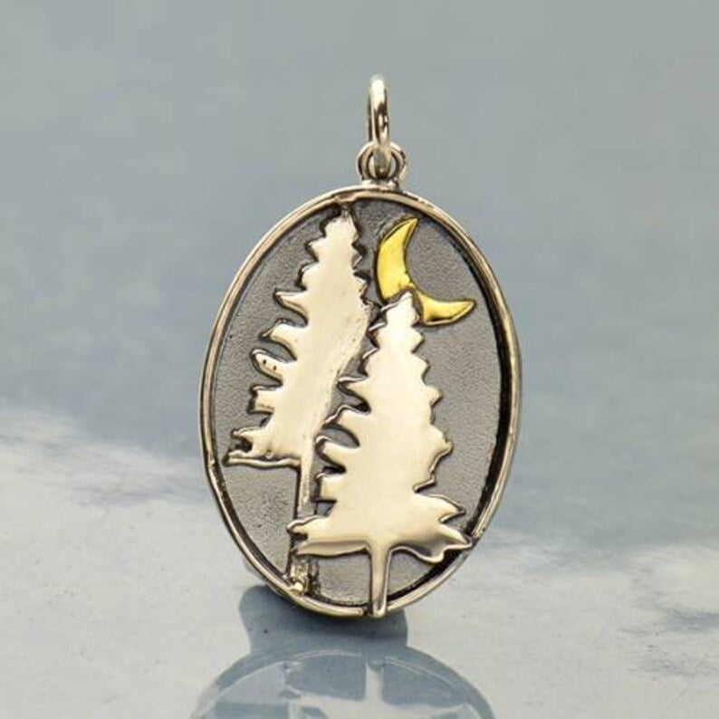 Sterling Silver Bronze Pine-Tree Moon Charm 26.5x15mm - 1pc