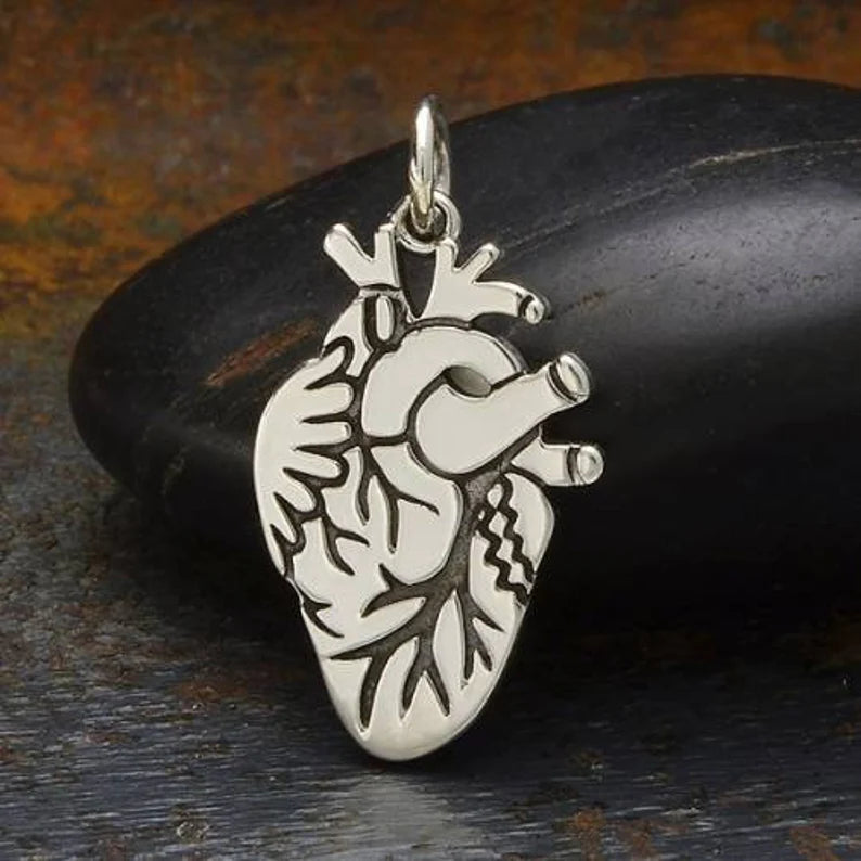 Anatomical-Heart Etched Sterling Silver 22x12mm - 1pc