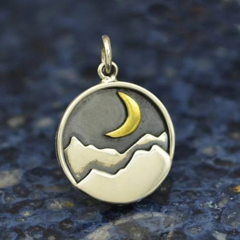 Mountain-and-Moon Charm Bronze Sterling Silver 21x15mm - 1pc