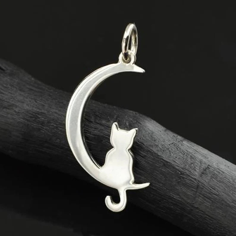 Kitten-And-Crescent-Moon Charm Sterling Silver 24.5x11.5mm - 1pc