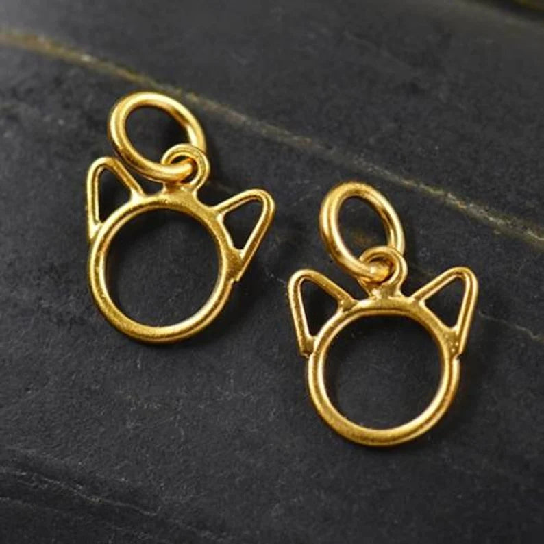 Cat-Face Wire Charm 24Kt Gold Plated Sterling Silver Satin 13x9.5mm - 1pc