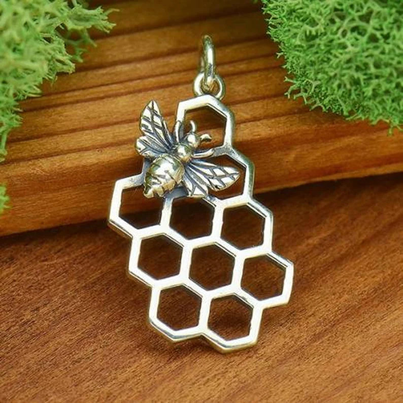 Bee-And-Honeycomb Charm Sterling Silver 23x11mm - 1pc
