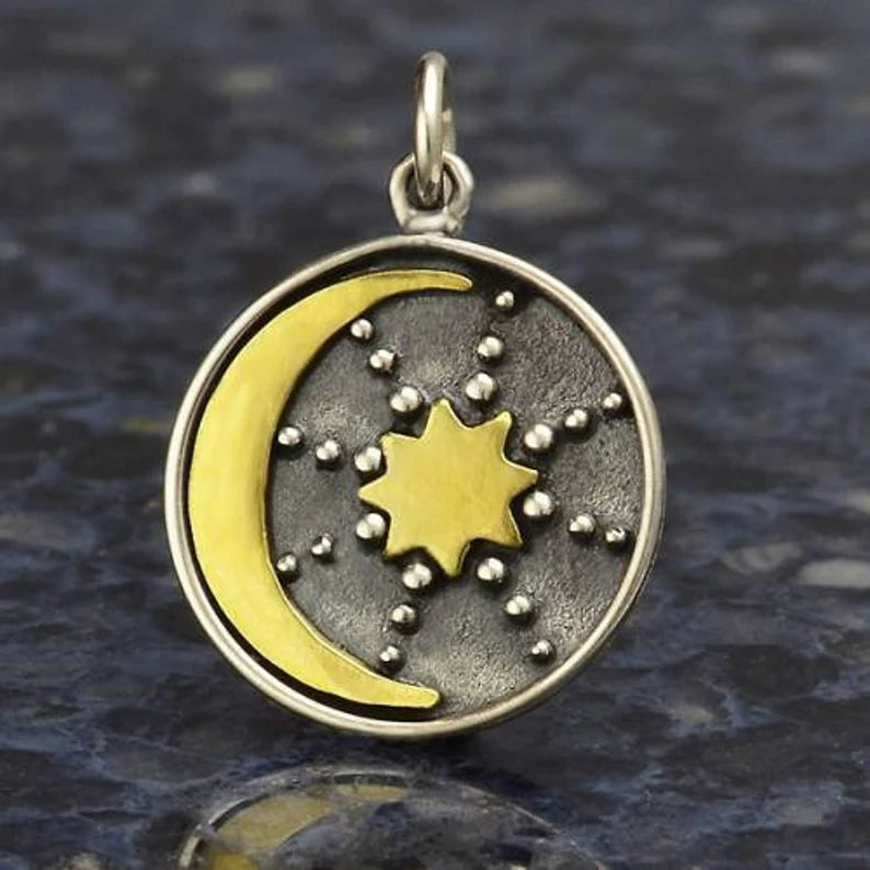 Sunburst-And-Crescent Charm W/ Granulation Sterling Silver Bronze 21x15mm - 1pc