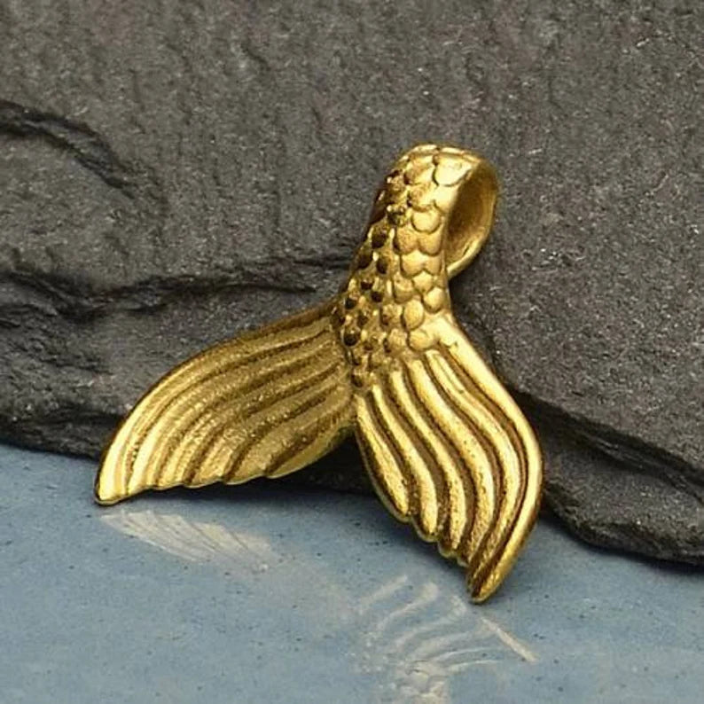 3D Whale Tail Charm Gold Plated Brass Sea Creature Fish Tail