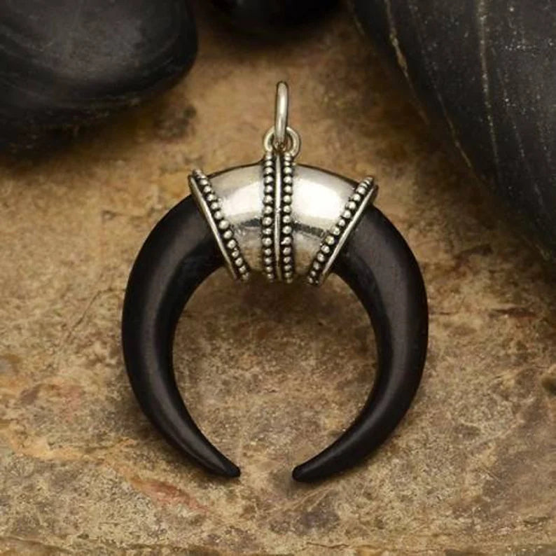 Wood Double-Horn Crescent Charm Sterling Silver 27x21mm - 1pc