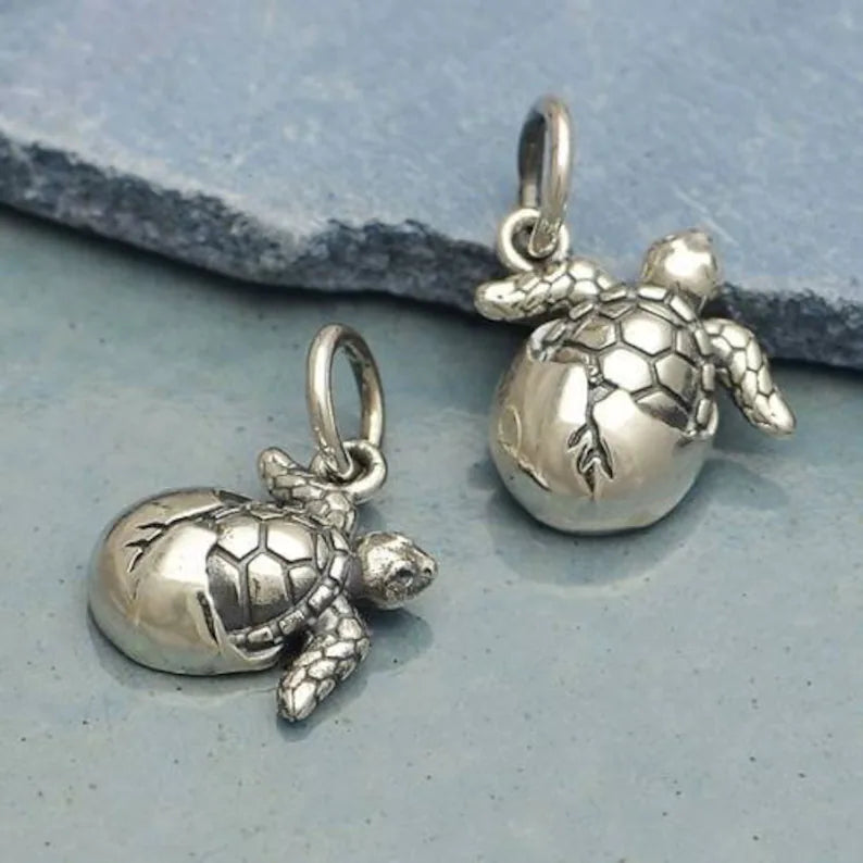 Baby Sea Turtle Charm Sterling Silver 14x10mm - 1pc