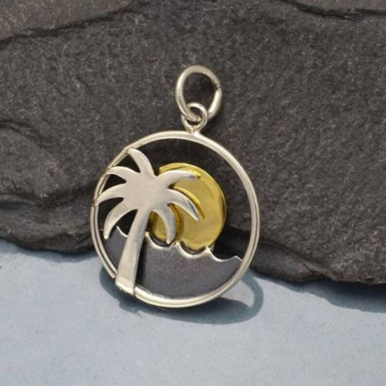 Palm-Tree-Moon-Ocean Charm Sterling Silver Bronze 20.5x15mm - 1pc