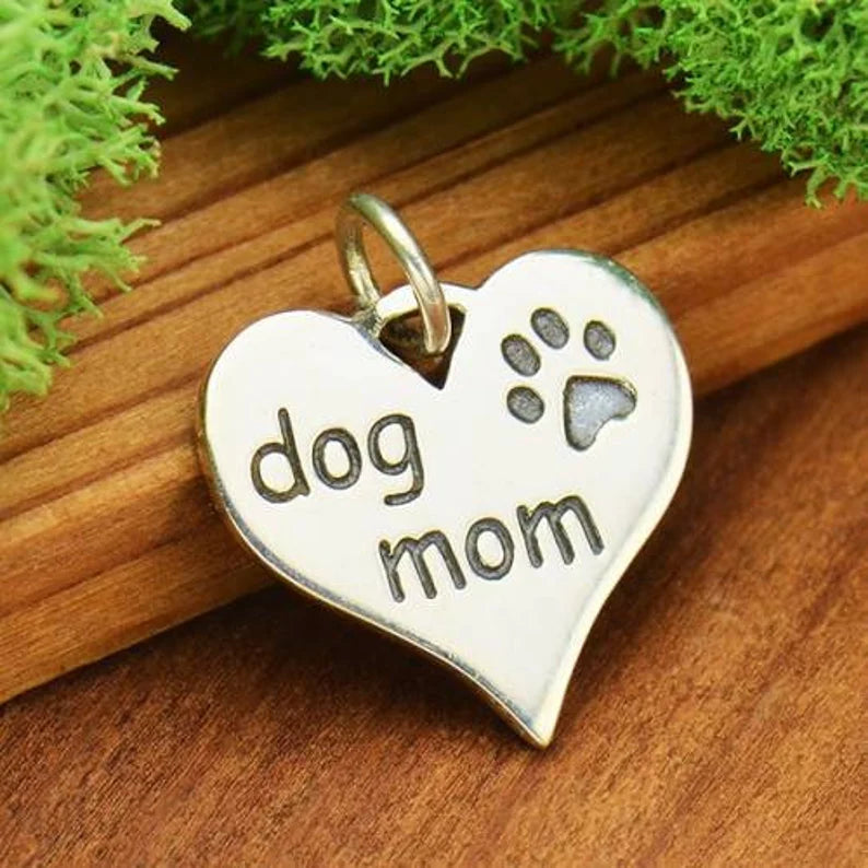 'Dog Mom' Heart Charm Sterling Silver 16x14mm - 1pc