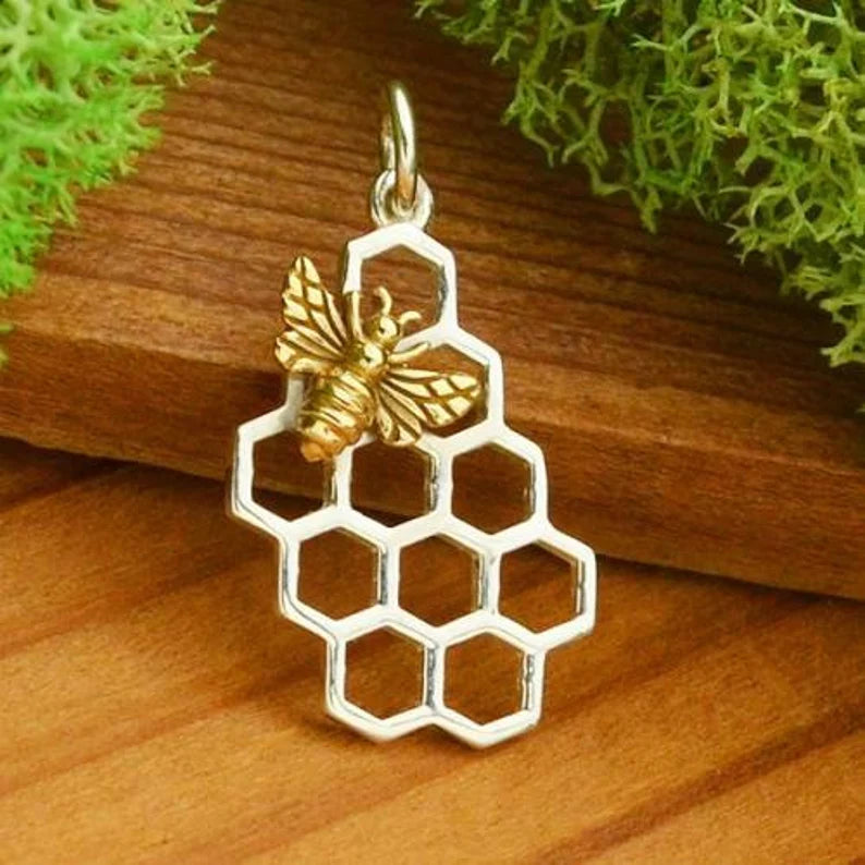 Bee-And-Honeycomb Charm Sterling Silver Bronze 23x11mm - 1pc