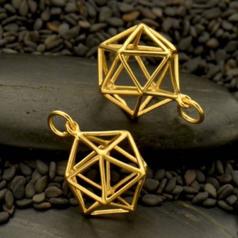 Icosahedron Charm 24Kt Gold Plated Sterling Silver Wire 22x13mm Satin - 1pc