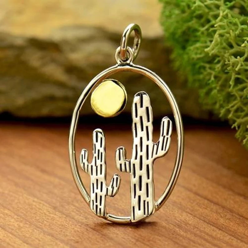 Ovaler Kaktus-und-Sonne-Anhänger Sterling Silber Bronze 27x15mm