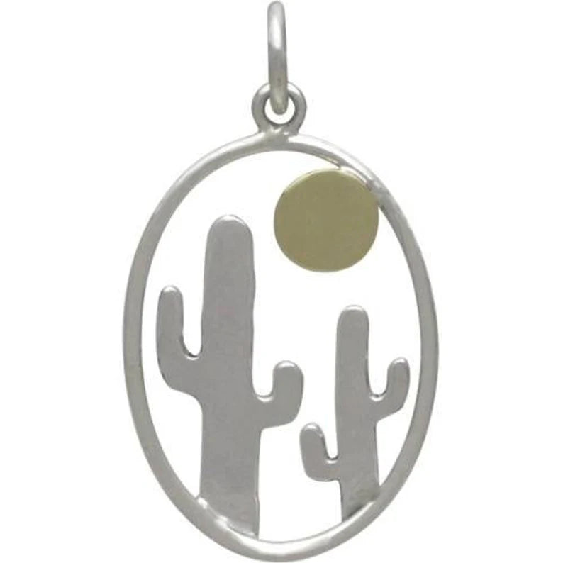 Ovaler Kaktus-und-Sonne-Anhänger Sterling Silber Bronze 27x15mm