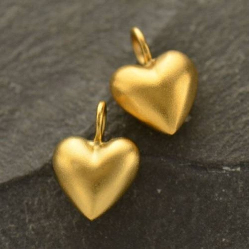 Medium Puffed Heart Charm 24Kt Gold Plated Sterling Silver Satin 14x10mm - 1pc