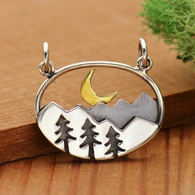 Sterling Silver Oval Mountain Pendant with Trees and Moon 18.5x20.5 - 1pc