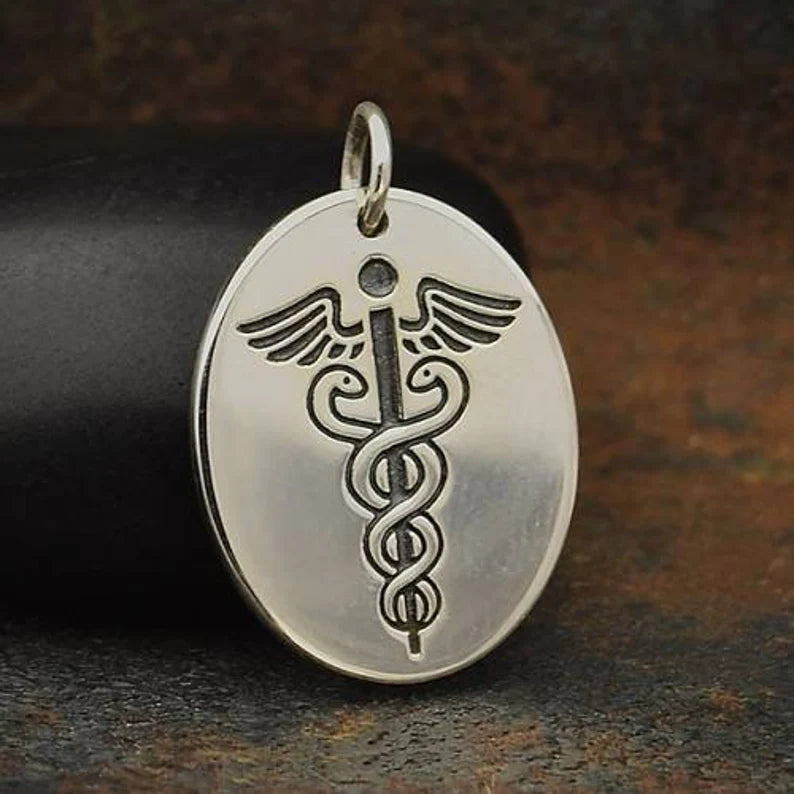 Sterling Silver Medic Staff Charm Etched Oval Disk 21x14mm - 1pc