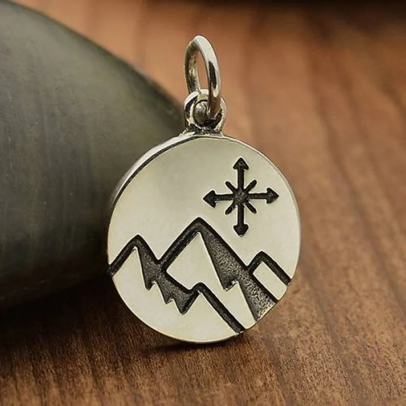 Sterling Silver Mountain Charm with Compass on disk 18x12mm - 1pc