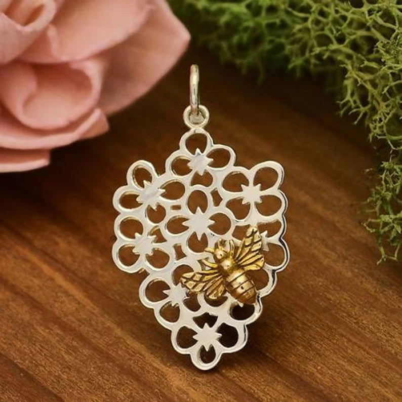Sterling Silver Flower Charm with Bronze Bee 27x16mm - 1pc