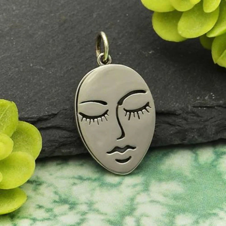 Sterling Silver Stylized Etched Face Charm 22x12mm - 1pc