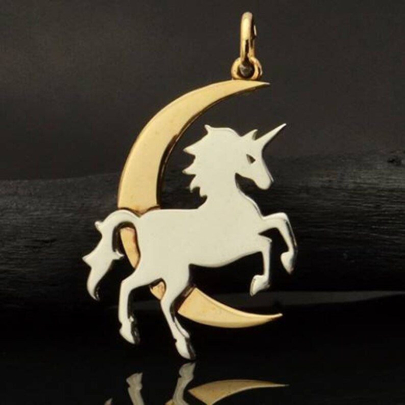 Sterling Silver Unicorn Charm with Bronze Moon 27x18mm - 1pc