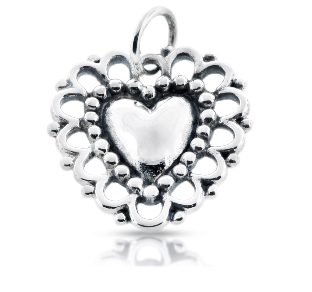 Sterling Silver 19.5x16.3mm Lacy Doily Heart Charm - 1pc